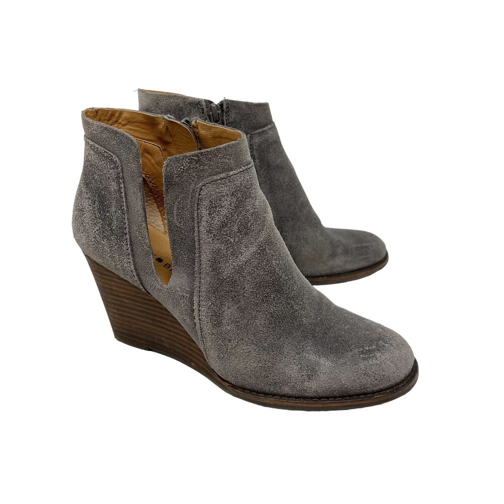 Lucky Brand Womens 6.5 Gray Yabba Suede Ankle Wedge Boots Leather Side Cut Out